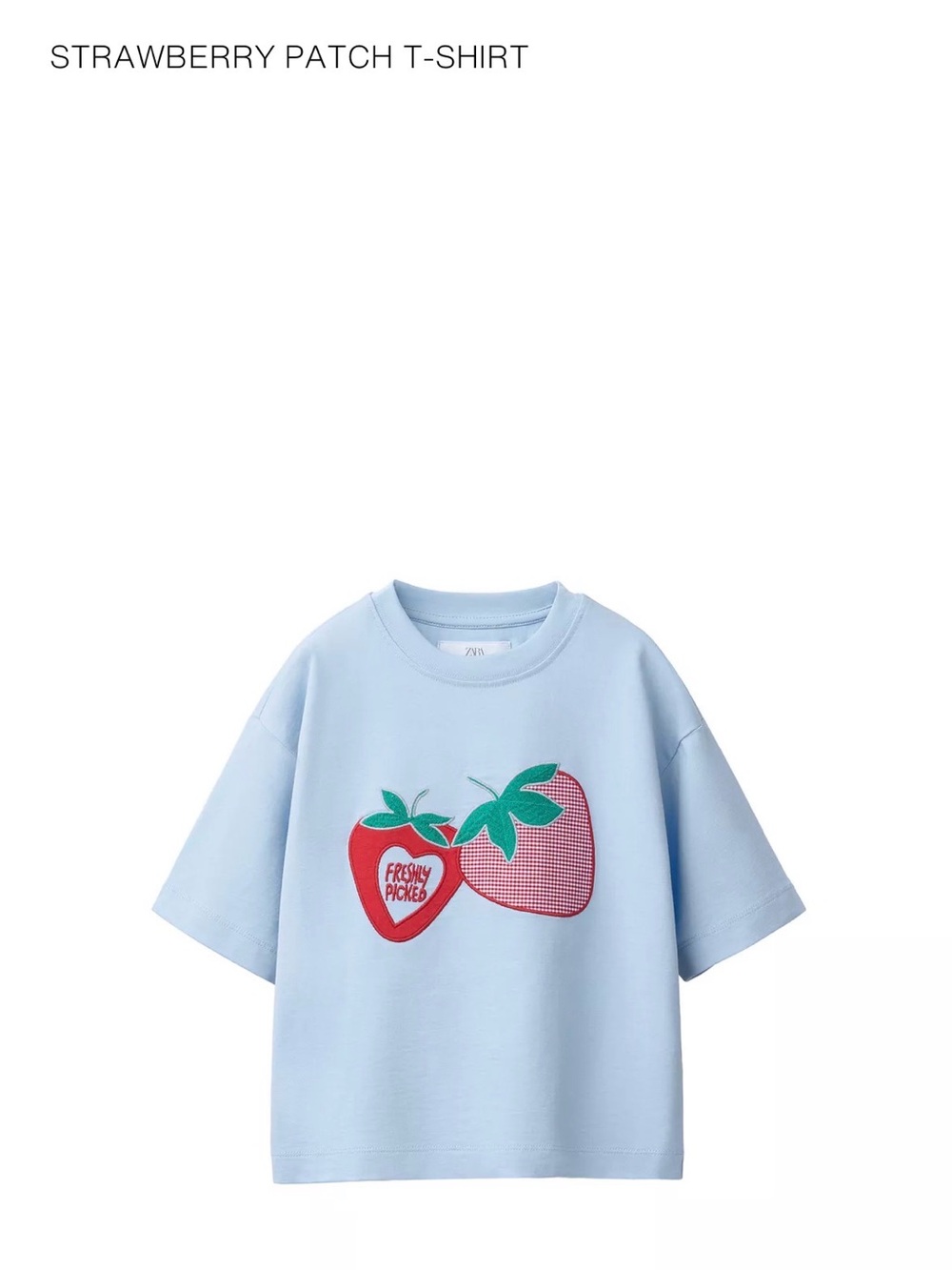 Zara Light Blue Strawberry Patch Tee with Red & Green Applique